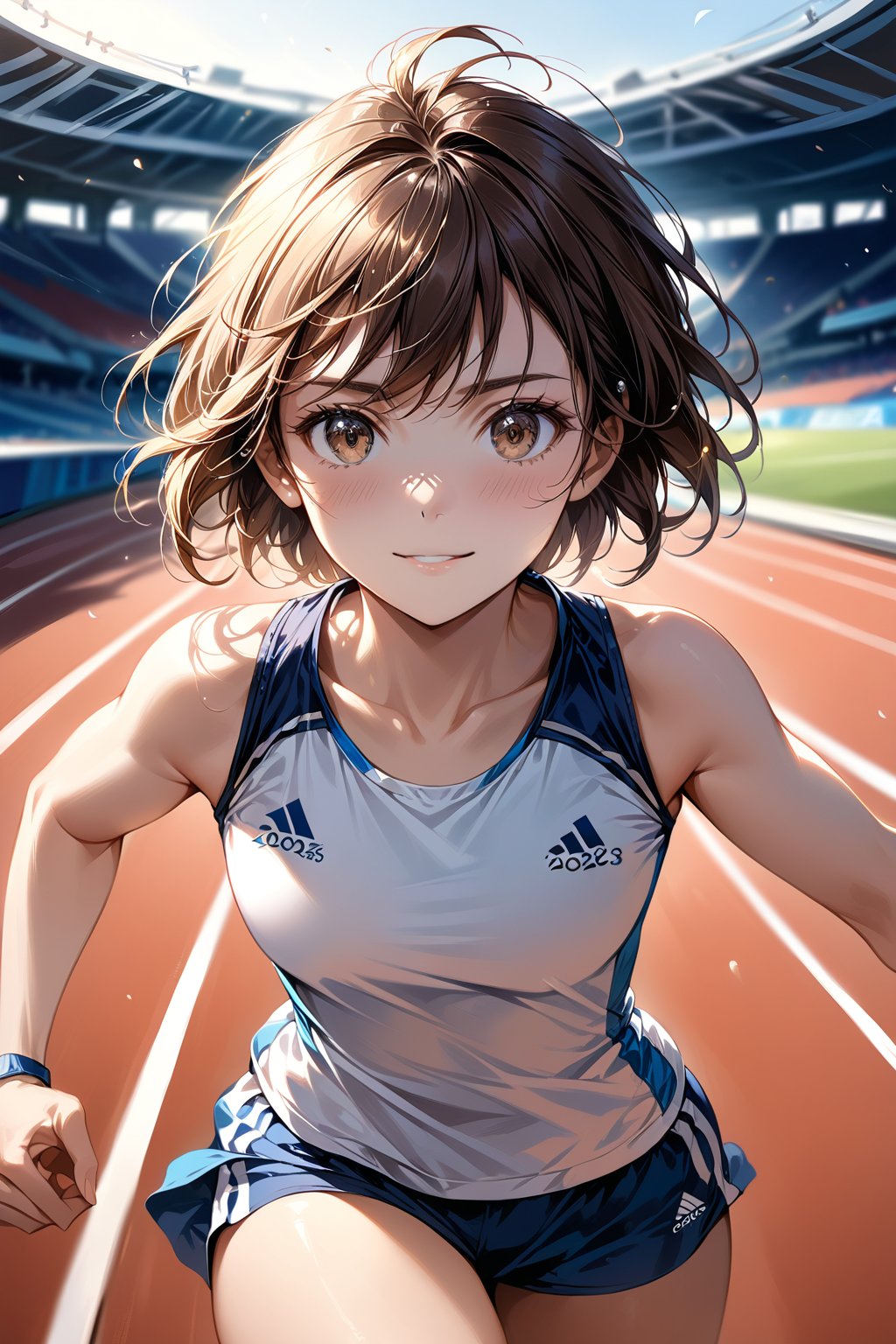 A girl (brown eyes, brown hair, short hair, athletic clothes), little smile, looking at viewer, running, she is running on an athletic track, France 2024 Olympics///digital art, professional style, detailed image, detailed skin, blush, realistic eyes, ((masterpiece quality: 2)), light particles, attractive image.