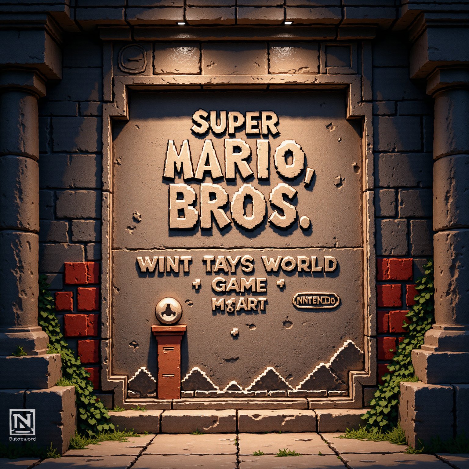 Ancient stone wall carving depicting the title screen of Super Mario Bros. for Nintendo Entertainment System. Intricate bas-relief sculpture with impressive detail. 

Central focus: "SUPER MARIO BROS." title logo chiseled in large, bold letters, mimicking the pixelated font. Nintendo copyright notice etched below.

Top section: Carved representations of "MARIO", score, coin icon, "WORLD", and "TIME" indicators.

Menu options "1 PLAYER GAME" and "2 PLAYER GAME" engraved below the title.

Bottom of carving: Iconic first level scene with Mario standing on brick blocks. Carved bushes and hills in background.

Weathered stone texture with slight discoloration and cracks for an aged appearance. Traces of faded paint in appropriate colors: reds, blues, greens, and browns.

Soft, indirect lighting highlighting the depth and detail of the carving. Small vines or moss growing in crevices for added ancient ambiance.

Surrounding wall shows other partial gaming-inspired carvings, suggesting a larger mural or temple dedicated to classic video games.,reli3f_style,a stone carving of,Pixel Art