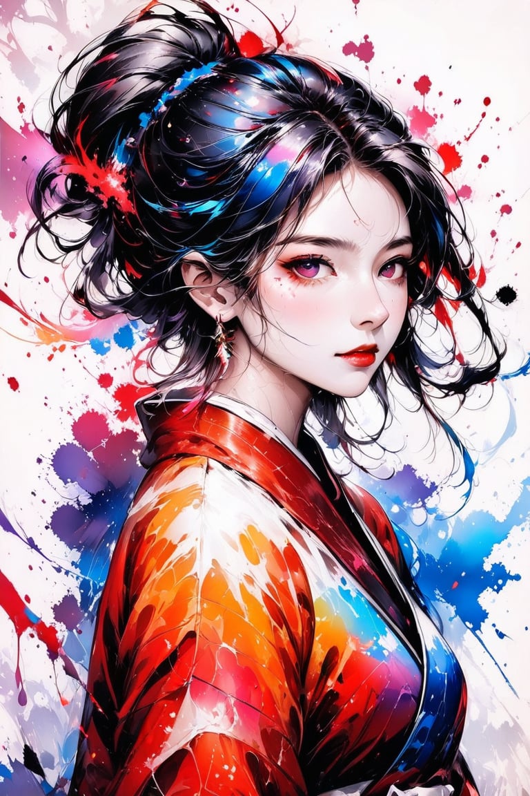 A very beautiful girl, white background, ink brushstrokes in background mastepiece quality, stunning image, looking at viewer, anime girl, colorful, Ink art style.