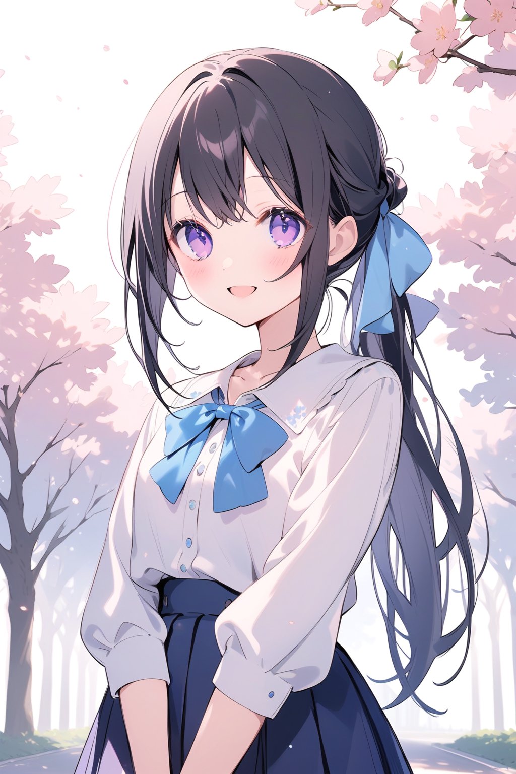 1girl, solo, long hair, looking at viewer, blush, smile, bangs, skirt, black hair, shirt, long sleeves, bow, sakura trees in background, open mouth, standing, purple eyes, smile, happy, white shirt, upper body, hair bow, pleated skirt, outdoors, blue skirt, blue bow, pink nails, ponytail hairstyle, pastel colors, pastel, masterpiece, light particles.