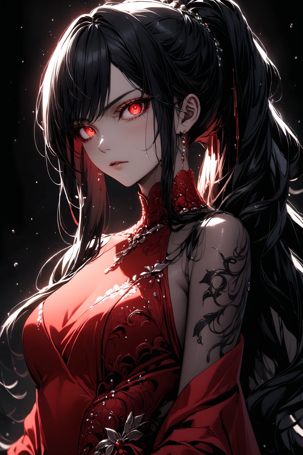 Beautiful girl. She is very badass, she wears a very luxurious red evening dress. detailed image, detailed skin, upper body, standing, looking at viewer, red eyes, glowing eyes. White background, water drop, ((masterpiece: 1.2)), light particles, ink droplets in background. Ponytail hairstyle, black hair, long hair, folding arms. 