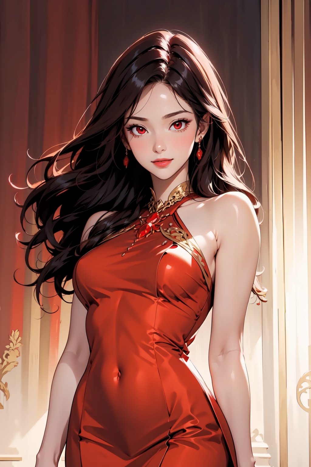 Beautiful girl. She is very badass. She's wearing a beautiful red evening dress. The background of the picture is a luxurious city. Detailed eyes, detailed image, detailed skin; tender smile. Himecut hairstyle, black long hair, golden hairpin. red eyes. Proportional and beautyful body. It's nightime.