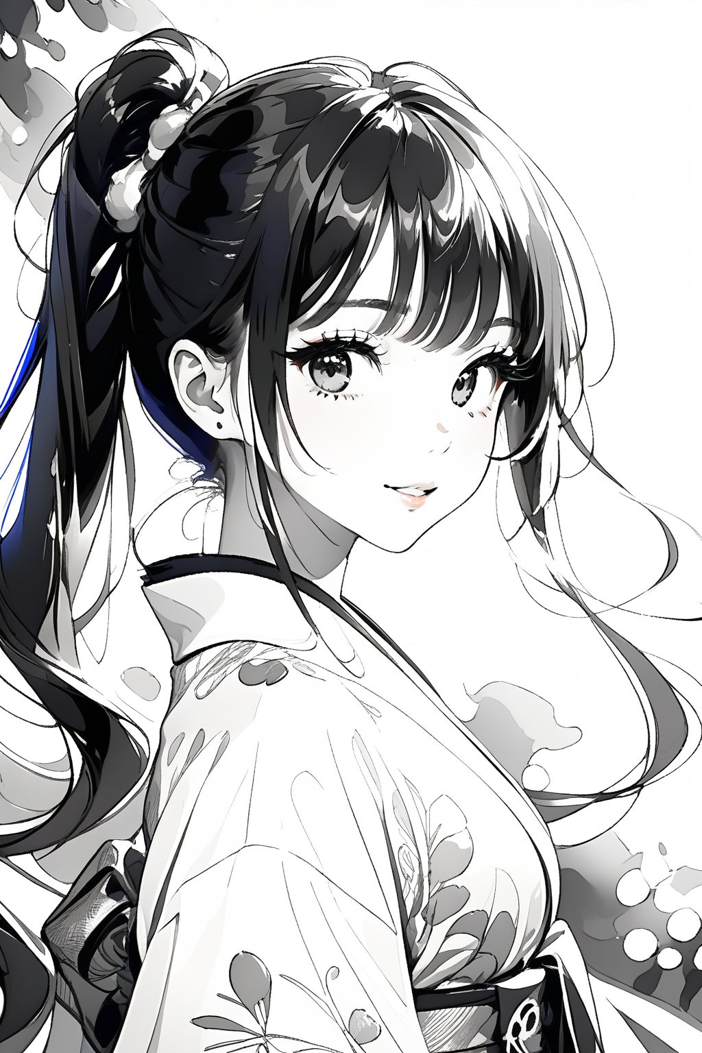 solo, 1girl, long white hair, smile, charming girl, from side, looking at viewer, very beautiful woman, (upper body), festival in background, hairpin, long hair, straight hair, twin tails, walking, shoujo manga style, manga art style, long sleeved blouse, makeup, blush, kimono, ((monochrome)), gray scale, greyscale, ((Pencil sketch)), professional style, detailed image, ((masterpiece quality: 2)), attractive image. ,Details,Detailed Masterpiece,Reflections