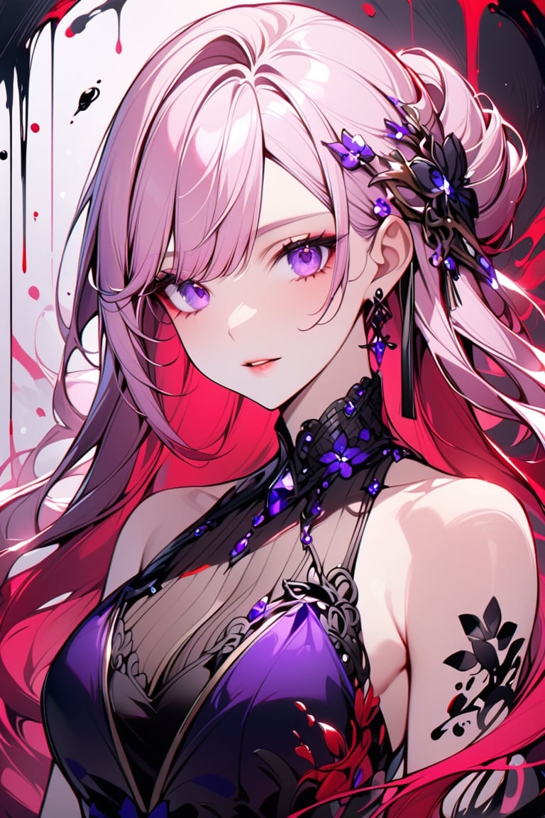 Beautiful girl. She is very badass, she wears a very fancy evening dress. detailed image, detailed skin, very close-up. Himecut hairstyle, purple eyes, pink hair, red brushtrokes in background.,Eyes,Beautiful eyes,INK