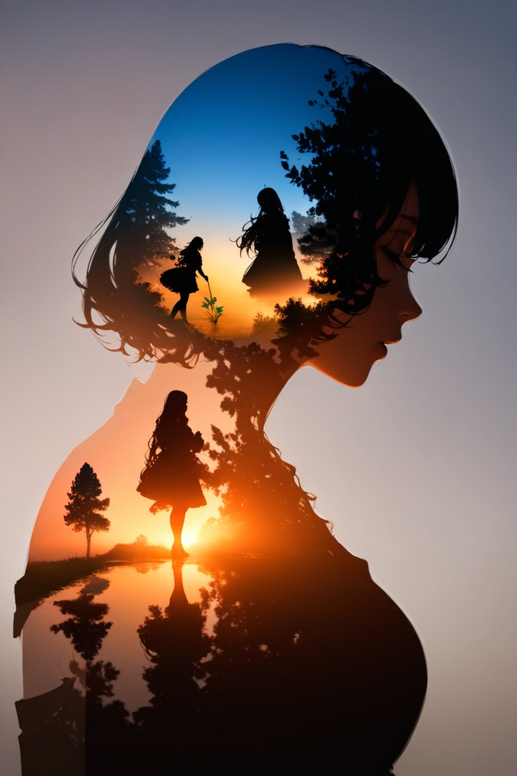 silhouette of a woman in profile. Inside the silhouette you can see the double exposure with a flower, masterpiece, ((double exposure)), proportional.,DOUBLE EXPOSURE