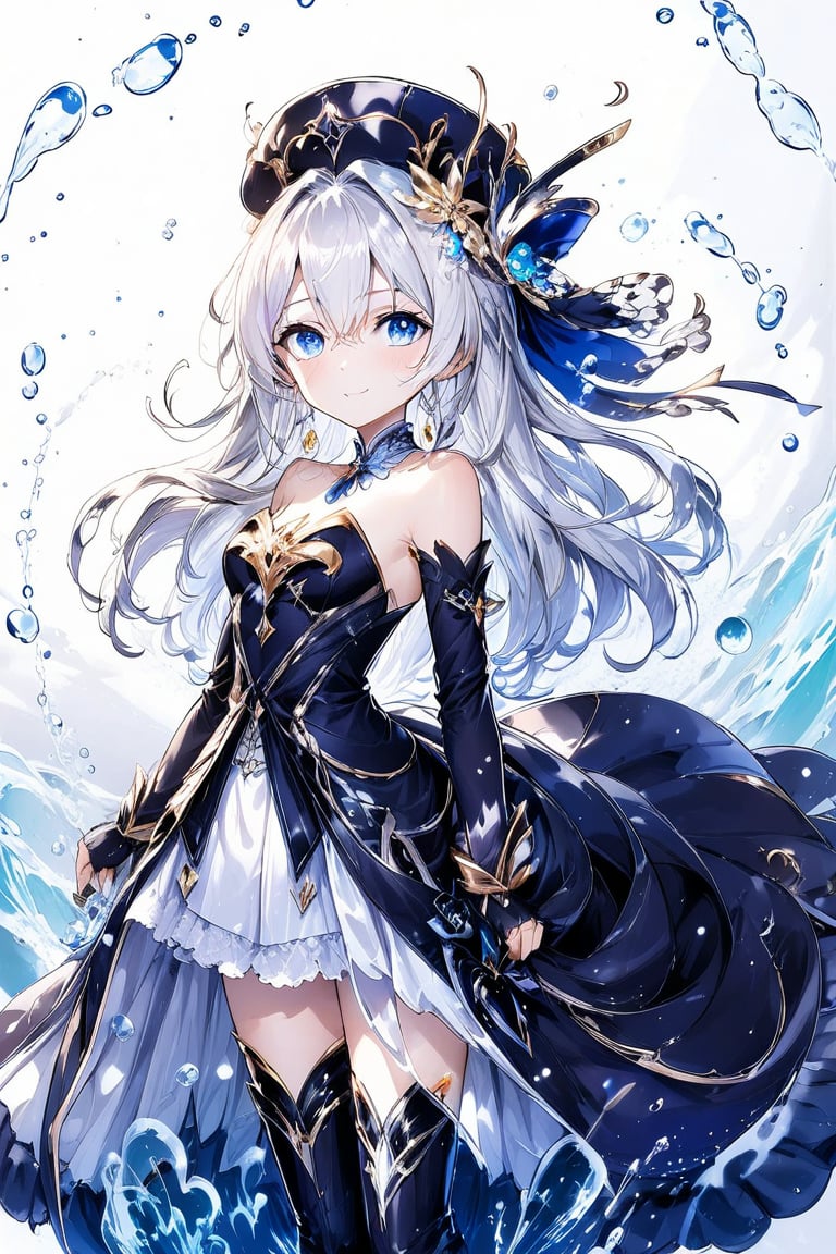 Beautiful anime girl. She is very badass, she wears a very luxurious outfit. detailed image, detailed skin, upper body, looking at viewer. White background, water drop, ((masterpiece: 1.2)), light particles, ink droplets in background. Anime style