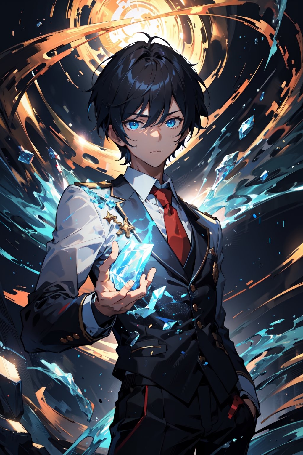 calm and slender boy wearing a schoolboy uniform (white shirt, black pants, red tie). His eyes glow quite brightly in dark blue. He has short blonde hair. This boy looks like a prince. Hyperdetailing masterpiece, hyperdetailing skin, masterpiece quality, with 9k resolution. He has ice powers. cyan eyes. He floats ice clusters around him. Masculine appearance, neat, well-groomed. detalied face.