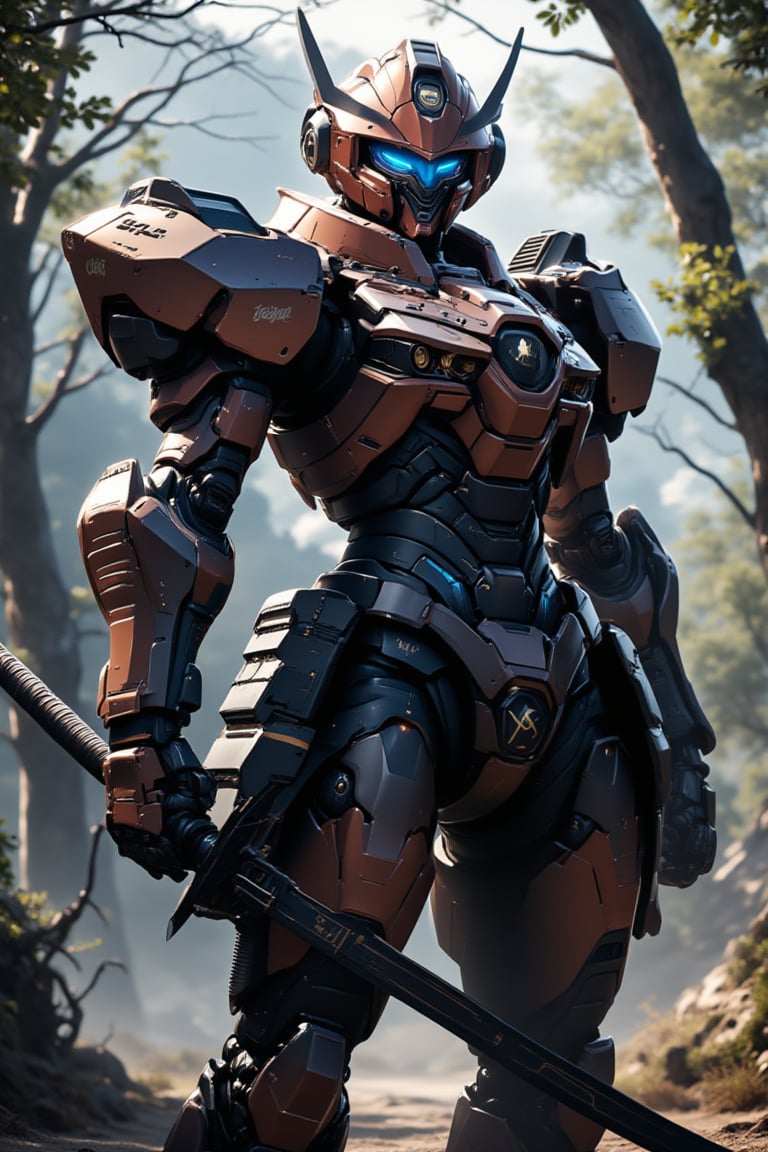 Design an anime-style digital art masterpiece featuring a badass ninja mecha robot, fully armored with a helmet and epic textures (samurai armor), including robot's boots. The mecha is holding a katana, set against a forest background, and looking directly at the viewer. The image is rendered in 8k with a professional style, showcasing a pretty detailed and futuristic character, creating a stunning and epic visual experience.