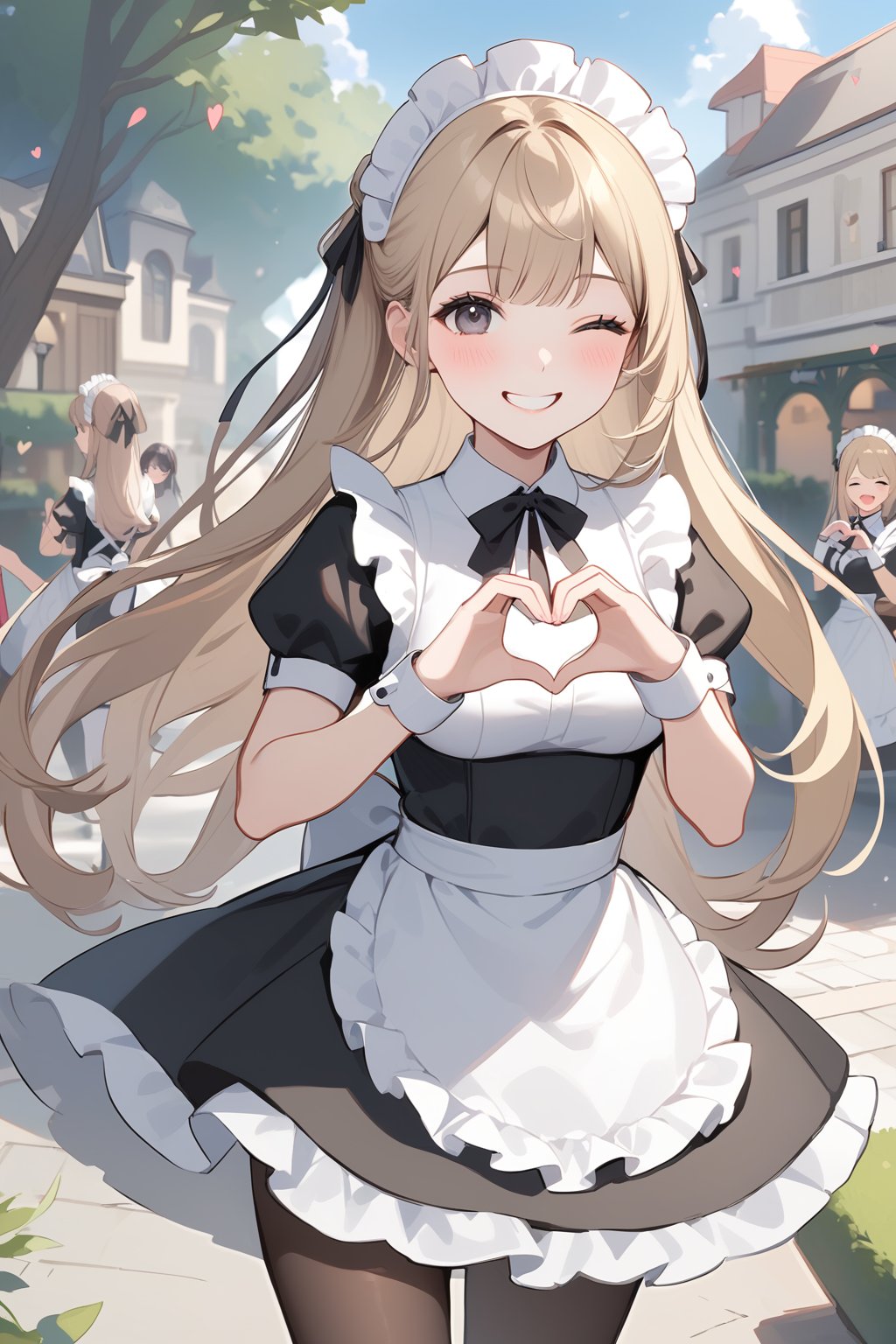 long hair, breasts, looking at viewer, blush, smile, bangs, multiple girls, blonde hair, black hair, thighhighs, dress, bow, ribbon, medium breasts, very long hair, standing, hair ribbon, short sleeves, heart, pantyhose, outdoors, frills, one eye closed, solo focus, day, puffy sleeves, 3girls, grin, black eyes, apron, black dress, puffy short sleeves, wrist cuffs, maid, hands up, maid headdress, black bow, frilled dress, ;d, building, white apron, maid apron, frilled apron, heart hands