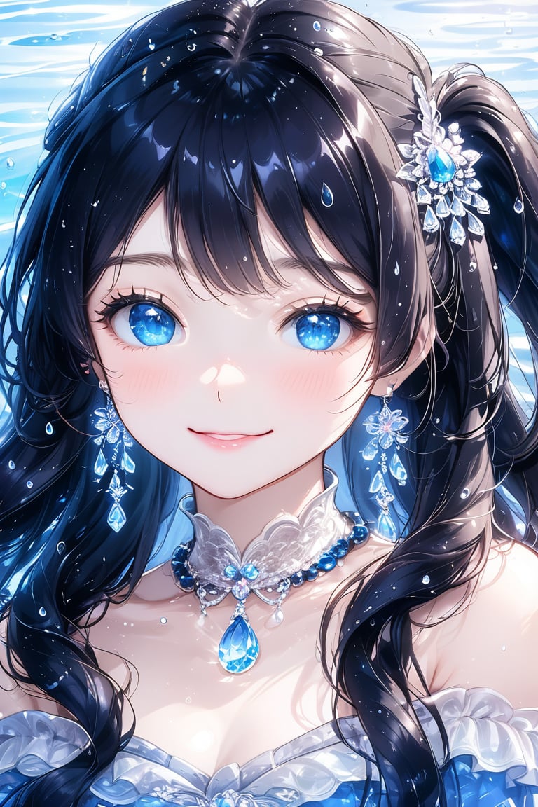 1girl, solo, long hair, twintail hairstyle, looking at viewer, blush, bangs, black hair ornament, jewelry, blue eyes, wavy hair, earrings, cute outfit, parted lips, blurry, eyelashes, ((masterpiece: 2)), excellent quality, light particles, water drop, ((stunning_image: 1.5)), Anime art style.