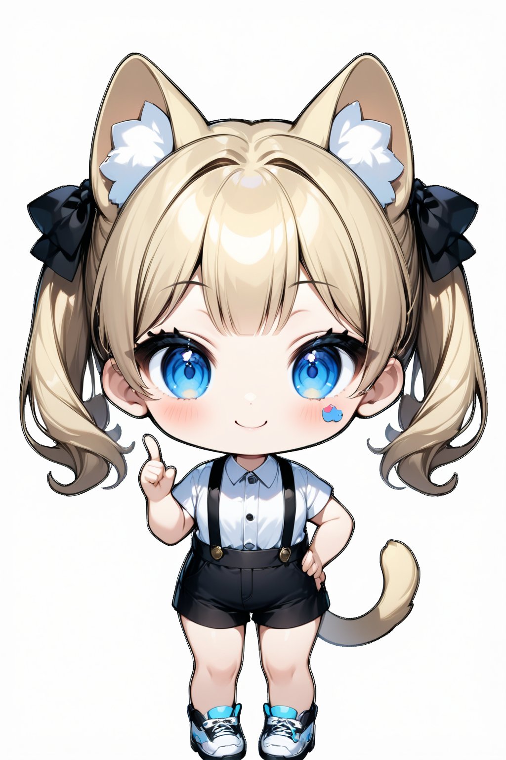 1girl, solo, long hair, looking at viewer, sticker image, blush, smile, bangs, blue eyes, skirt, blonde hair, simple background, shirt, white background, bow, animal ears, twintails, very long hair, closed mouth, standing, tail, full body, white shirt, short sleeves, hair bow, shoes, shorts, cat ears, hand up, chibi, animal ear fluff, hand on hip, black shorts, white footwear, suspenders, sneakers, index finger raised, extra ears, suspender skirt