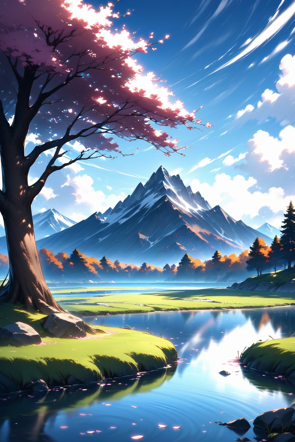 A serene outdoor scene unfolds: a bright blue sky stretches above a tranquil landscape. A gentle breeze rustles the delicate cherry blossom branches, their pink petals reflected perfectly in the calm water's surface. In the distance, a majestic mountain range rises, its rugged peaks softened by the soft focus of the atmosphere. A lone tree stands sentinel beside the riverbank, its roots exposed as the grassy slope meets the lake's edge. The cloud-dotted sky above casts a warm glow on this peaceful retreat, where nature reigns supreme.