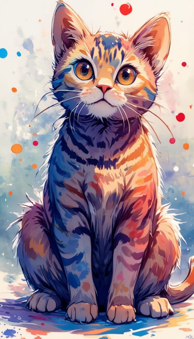 A mesmerizing digital artwork featuring a cat's piercing gaze, as if directly addressing the viewer. The feline sits in a whirlwind of colorful ink brushstrokes, with ink bubbles and droplets surrounding its face. The composition is tight, with the cat's features filling the frame. Soft focus background allows the vibrant inks to take center stage. Masterpiece quality assured.,watercolor style