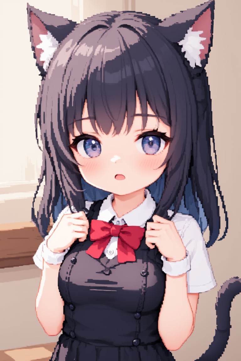 1girl, solo, long hair, looking at viewer, blush, open mouth, bangs, blue eyes, shirt, black hair, dress, bow, animal ears, tail, white shirt, short sleeves, collared shirt, indoors, cat ears, bowtie, medium hair, :o, black dress, red bow, cat tail, animal ear fluff, wrist cuffs, hands up, buttons, cat girl, red bowtie, paw pose, Pixel art.