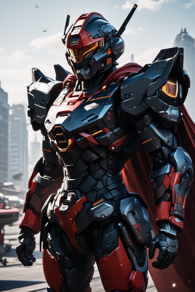 1boy, mecha, ((realistic image: 2)), mecha armor, helmet, realistic, epic textures, realistic textures, ((full body)), cape, city in background, stunning image, badass, pretty detailed image, masterpiece, looking at viewer, epic character, professional style.