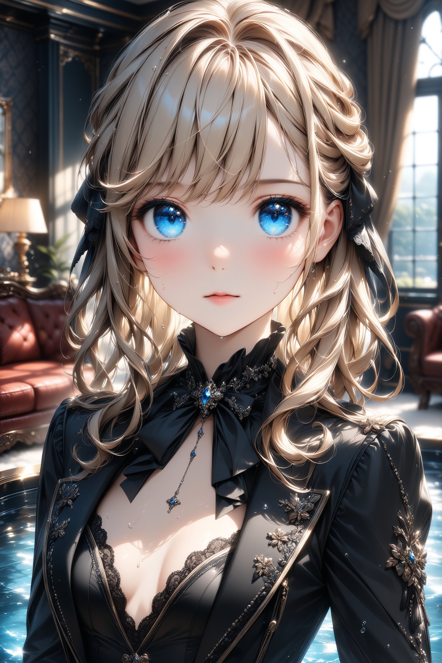 Beautiful girl. She is very badass, she wears a very luxurious outfit, blonde hair, pretty detailed, shining skin, detailed skin, dynamic light, wallpaper quality, detailed eyes, shining, blue eyes, blurry background, detailed image, detailed skin, upper body, looking at viewer, stunning image, 8k, proffesional style, luxurious room in background. Water drop, ((masterpiece: 1.2)), light particles, ink droplets in background.,Masterpiece,Stunning image,Professional style