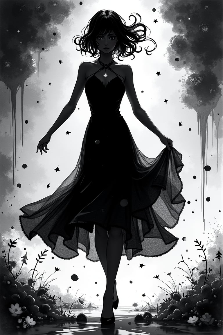 1girl, silhouette, anime girl silhouette, ink bubbles in background, she dances in a sea of inky stars, looking at viewer, dynamic pose, ink rain, stunning image, ink smoke, digital art, professional style, ((masterpiece quality: 2)), ink droplets, attractive image. Ink art style.