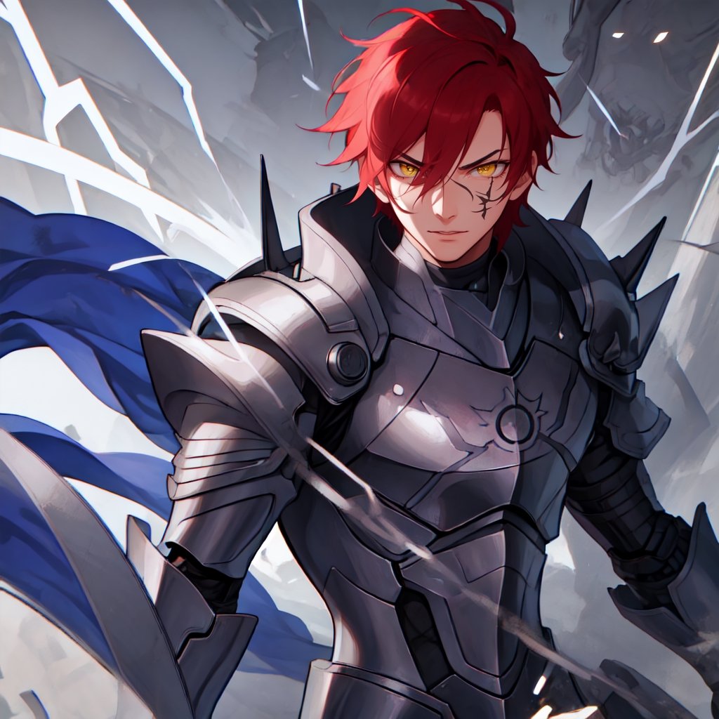 Boy wearing a badass battle armor. His eyes are yellow. He has short red hair. He is a villain. Hyperdetailing masterpiece, hyperdetailing skin, masterpiece quality, with 9k resolution. He´s badass. he has a black scar on his right eye, he has a tough face. Around him are pieces of brown stone floating. His armor has battle marks, it looks worn. Its armor has a wine-colored coat.