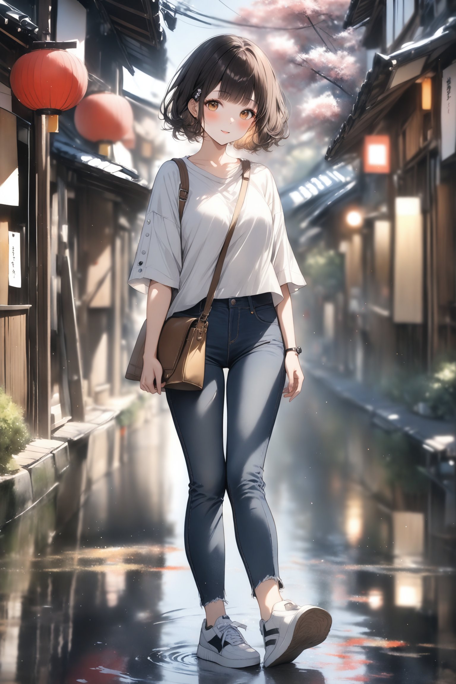 1girl, very beautiful girl, casual outfit (blouse, jeans, sneakers), pixie cut hairstyle, Kyoto, watercolor splashes, masterpiece quality, stunning image, masterpiece, 8K, stunning image, light particles, attractive image, reflections, watercolor \(medium\)