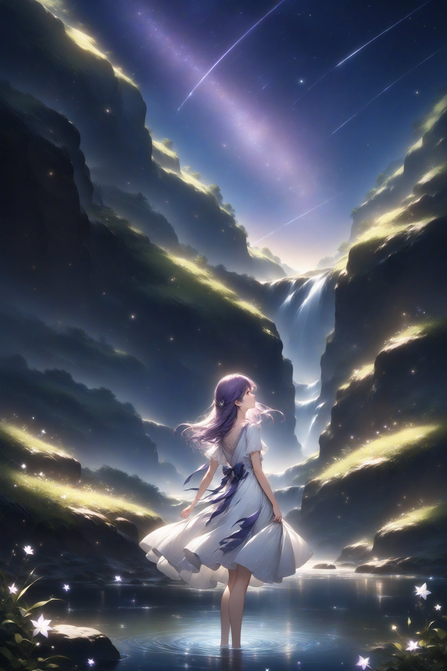 A girl standing in the distance looking up at the sky, she is next to a river, the sky is starry and beautiful. The river next to the girl is purple with little white lights like stars, breeze, white dress, wallpaper quality, 8k, professional style, attractive image, fantasy environment. 