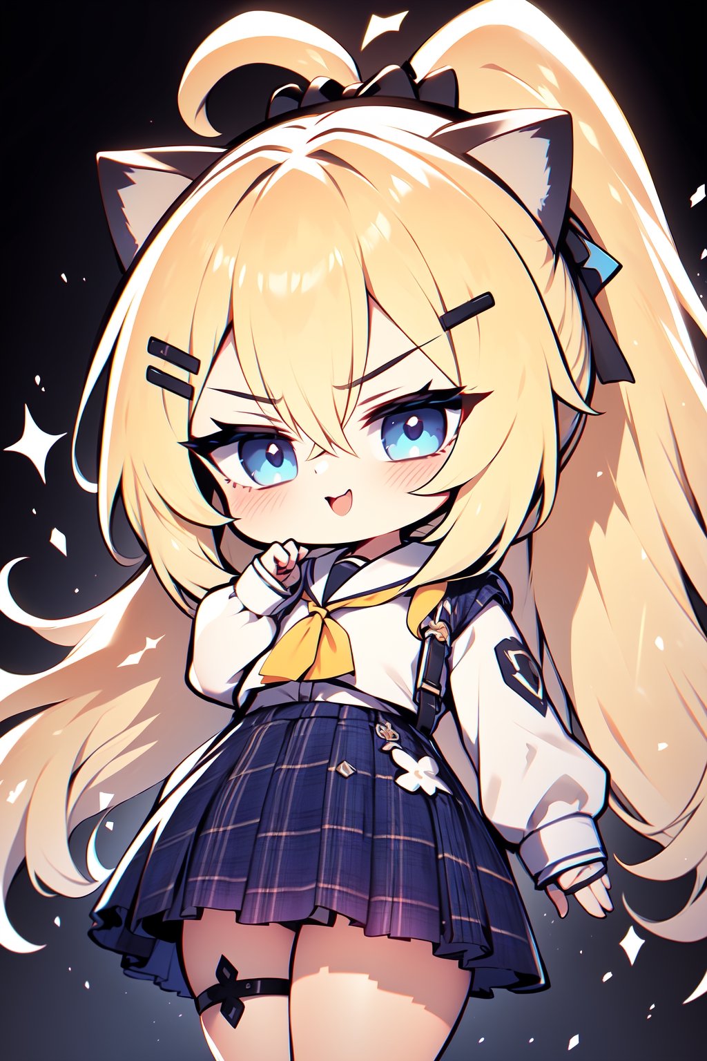 Pretty and angry cat girl wearing a beautiful school girl uniform (white blouse, blue plaid skirt). Her eyes glow quite brightly. She has long blonde hair, and she has a beautiful hairclip. She is a very badass girl, ponytail hairstyle; cat ears, bangs covering human ears; Hyperdetailing masterpiece, hyperdetailing skin, masterpiece quality, with 8k resolution. Chibi character,Hateful gaze,Happy