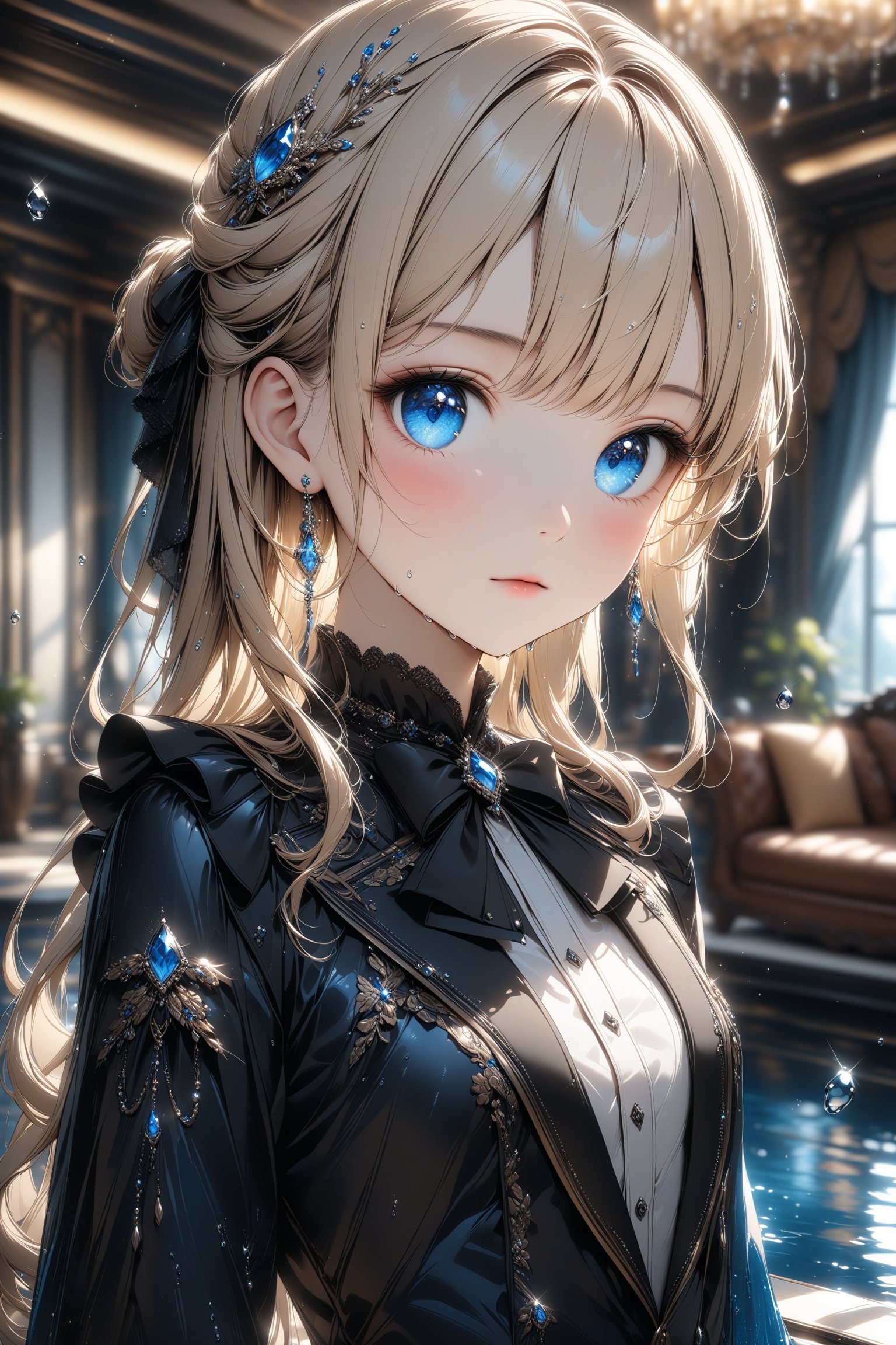 Beautiful girl. She is very badass, she wears a very luxurious outfit, blonde hair, pretty detailed, shining skin, detailed skin, dynamic light, wallpaper quality, detailed eyes, shining, blue eyes, blurry background, detailed image, detailed skin, upper body, looking at viewer, stunning image, 8k, proffesional style, luxurious room in background. Water drop, ((masterpiece: 1.2)), light particles, ink droplets in background.,Masterpiece,Stunning image,Professional style