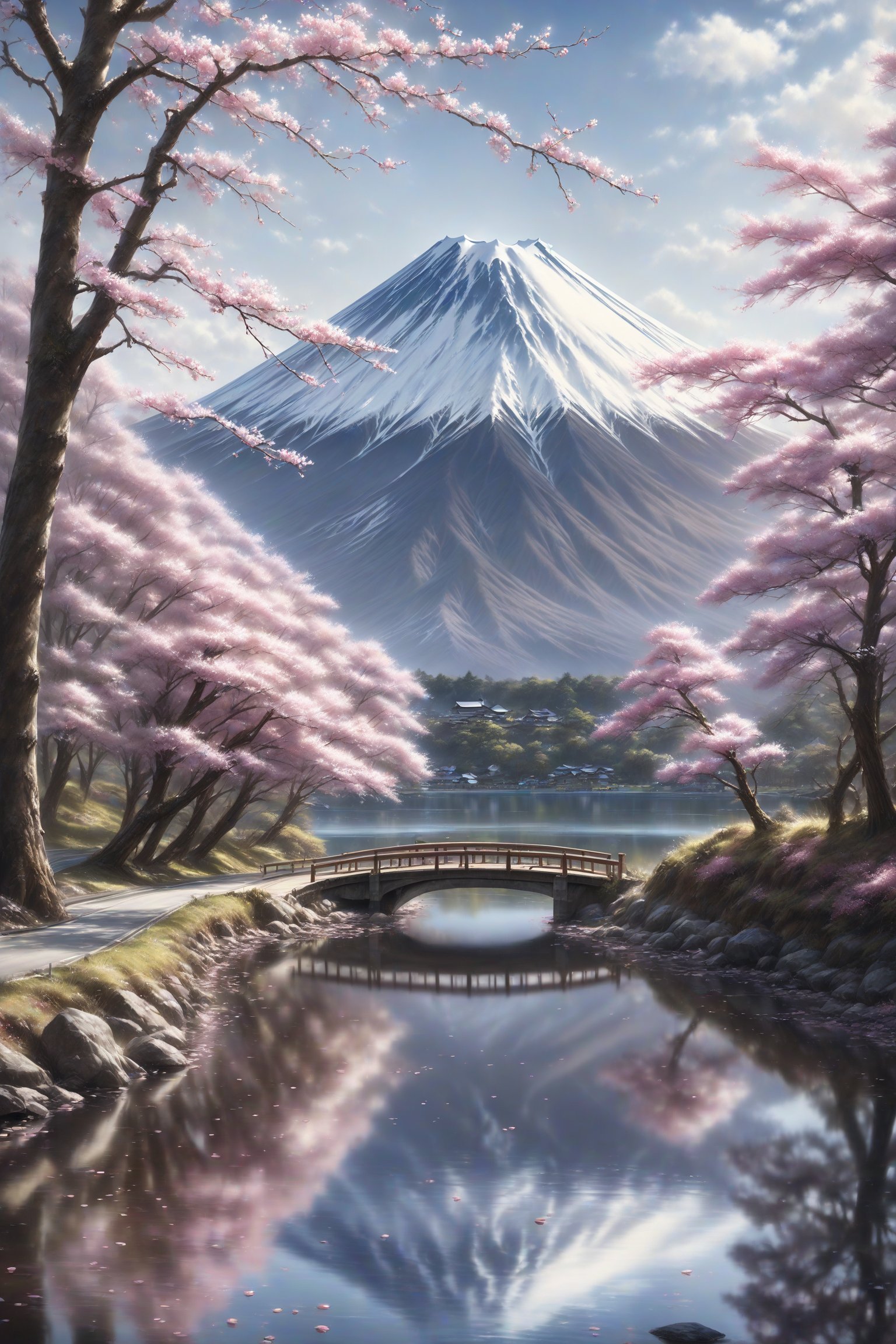 outdoors, sky, day, cloud, water, tree, blue sky, no humans, cherry blossoms, scenery, reflection, mountain, road, bridge, river, lake, mount fuji, realistic, digital art, professional style, detailed image, masterpiece quality, attractive image, Details