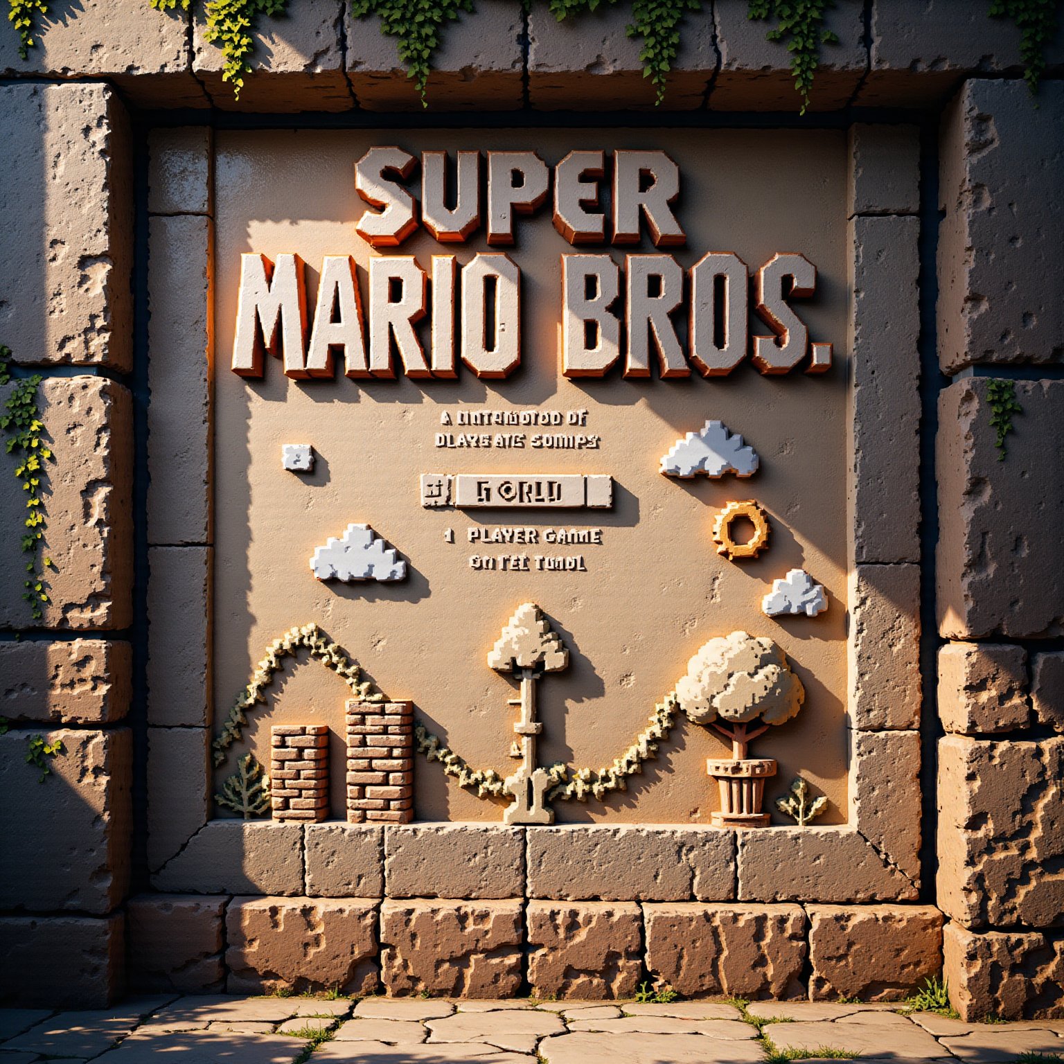 Ancient stone wall carving depicting the title screen of Super Mario Bros. for Nintendo Entertainment System. Intricate bas-relief sculpture with impressive detail. 

Central focus: "SUPER MARIO BROS." title logo chiseled in large, bold letters, mimicking the pixelated font. Nintendo copyright notice etched below.

Top section: Carved representations of "MARIO", score, coin icon, "WORLD", and "TIME" indicators.

Menu options "1 PLAYER GAME" and "2 PLAYER GAME" engraved below the title.

Bottom of carving: Iconic first level scene with Mario standing on brick blocks. Carved bushes and hills in background.

Weathered stone texture with slight discoloration and cracks for an aged appearance. Traces of faded paint in appropriate colors: reds, blues, greens, and browns.

Soft, indirect lighting highlighting the depth and detail of the carving. Small vines or moss growing in crevices for added ancient ambiance.

Surrounding wall shows other partial gaming-inspired carvings, suggesting a larger mural or temple dedicated to classic video games.,reli3f_style,a stone carving of,Pixel Art