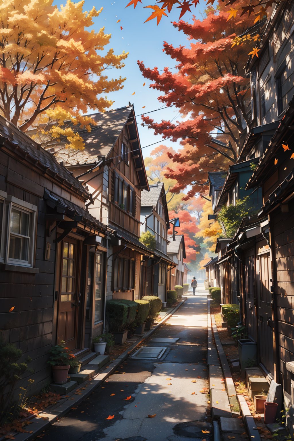 Captured at eye-level, a medium-angle shot captures a vibrant autumn scene. The trees are adorned with a mix of red and orange leaves, adding a pop of color to the scene. In the foreground, a cobblestone road curves along the edge of the road, adding depth to the composition. To the right, a tall tree stands out against the backdrop of the scene, its leaves adding a touch of contrast to the overall composition.