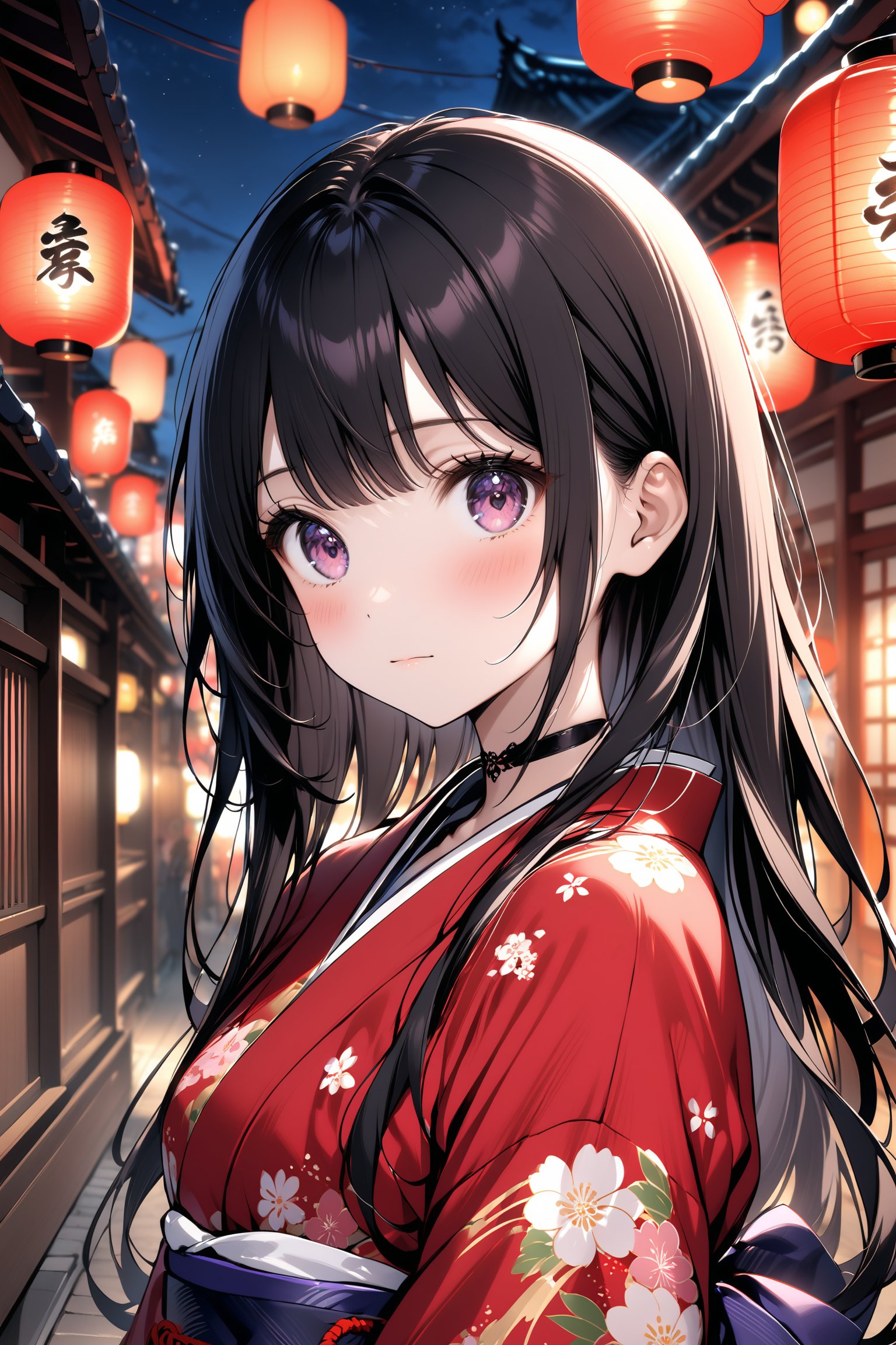 1girl, solo, long hair, looking at viewer, blush, bangs, black hair, closed mouth, purple eyes, upper body, outdoors, japanese clothes, sky, choker, pink eyes, blurry, night, floral print, building, lantern, paper lantern