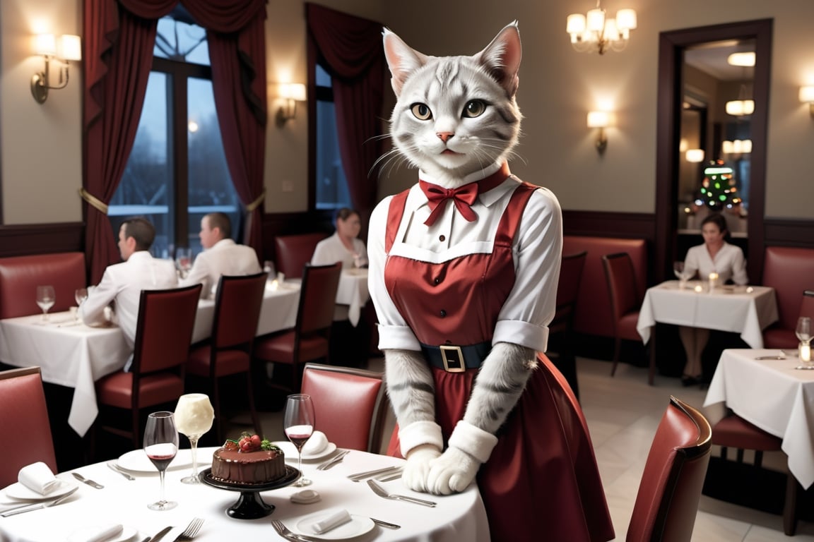 Generate an image featuring a cat transformed into a feminine form, serving as a waitress in an upscale restaurant bustling with patrons. The feline waitress, elegantly attired in a chic santa_dress(,smiling face and gracefully moves among well-appointed tables occupied by diverse groups of people.) She carries an impeccably arranged tray, poised to take orders or deliver culinary delights.

The restaurant exudes an air of sophistication, with dimmed lighting casting a warm glow on polished silverware and tastefully arranged centerpieces. Patrons seated at tables engage in lively conversations, enjoying fine dining in this refined establishment. The cat waitress seamlessly navigates through the dining area, adding a touch of charm and whimsy to the upscale ambiance.

Ensure the image captures various expressions from patrons, reflecting a mix of delight, surprise, and amusement at the presence of the feline waitress. The scene should convey a harmonious blend of the cat's feminine grace and the conviviality of a high-end dining experience. santa_dress, Christmas vibe,