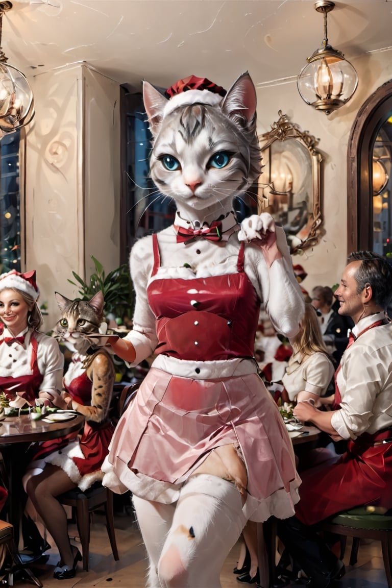 Generate an image featuring a cat transformed into a feminine form, serving as a waitress in an upscale restaurant bustling with patrons. The feline waitress, elegantly attired in a chic uniform, gracefully moves among well-appointed tables occupied by diverse groups of people. She carries an impeccably arranged tray, poised to take orders or deliver culinary delights.

The restaurant exudes an air of sophistication, with dimmed lighting casting a warm glow on polished silverware and tastefully arranged centerpieces. Patrons seated at tables engage in lively conversations, enjoying fine dining in this refined establishment. The cat waitress seamlessly navigates through the dining area, adding a touch of charm and whimsy to the upscale ambiance.

Ensure the image captures various expressions from patrons, reflecting a mix of delight, surprise, and amusement at the presence of the feline waitress. The scene should convey a harmonious blend of the cat's feminine grace and the conviviality of a high-end dining experience.,santa_dress