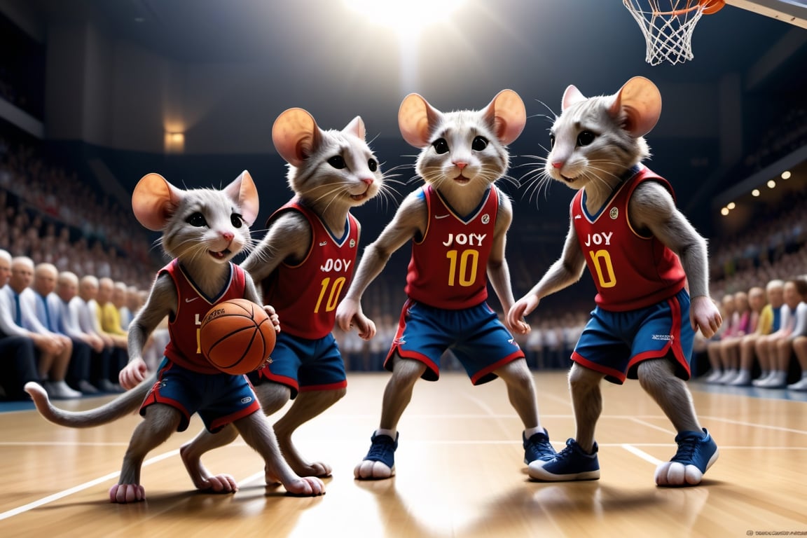 In this endearing scene, a group of cats and mice have come together for an unexpected and heartwarming game of "miceketball." The court, adorned with colorful paw prints and mouse-themed decorations, serves as the arena for this unique matchup.

The cat team, wearing miniature basketball jerseys and shorts with a feline flair, exhibits a mix of determination and playfulness. They engage in coordinated plays, dribbling the basketball with their agile paws and taking shots at the hoop. Each cat player showcases its individual style, from nimble point guards to skilled jump-shooting forwards.

On the opposing side, a team of mice, also sporting their own tiny jerseys and shorts, scurry around the court with impressive speed and agility. Despite their size, the mice display clever ball-handling skills, weaving through the defense and attempting daring layups. The dynamic between the two teams is both competitive and heartwarming.

The court is scattered with mouse-sized basketballs, creating a lively and engaging atmosphere. Cat and mouse spectators watch from the sidelines, their eyes wide with excitement and their tails flicking in anticipation. The playful banter between the two groups adds an extra layer of charm to the scene.

Sunlight streams into the scene, casting a warm glow on the furry athletes as they engage in this unconventional but delightful game. It's a snapshot of unity and sportsmanship, where cats and mice set aside their traditional roles to share in the joy of a friendly competition, creating a heartwarming and whimsical moment for all to enjoy.