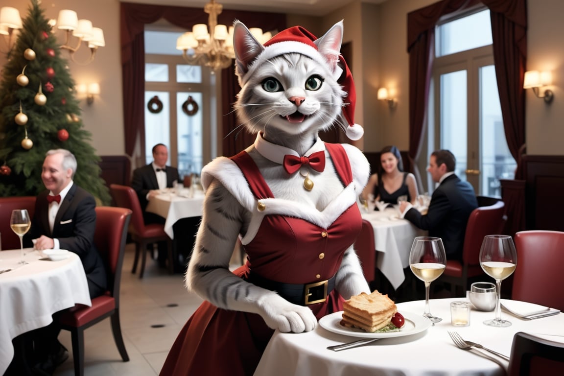 Generate an image featuring a cat transformed into a feminine form, serving as a waitress in an upscale restaurant bustling with patrons. The feline waitress, elegantly attired in a chic santa_dress(,smiling face and gracefully moves among well-appointed tables occupied by diverse groups of people.) She carries an impeccably arranged tray, poised to take orders or deliver culinary delights.

The restaurant exudes an air of sophistication, with dimmed lighting casting a warm glow on polished silverware and tastefully arranged centerpieces. Patrons seated at tables engage in lively conversations, enjoying fine dining in this refined establishment. The cat waitress seamlessly navigates through the dining area, adding a touch of charm and whimsy to the upscale ambiance.

Ensure the image captures various expressions from patrons, reflecting a mix of delight, surprise, and amusement at the presence of the feline waitress. The scene should convey a harmonious blend of the cat's feminine grace and the conviviality of a high-end dining experience. santa_dress, Christmas vibe,