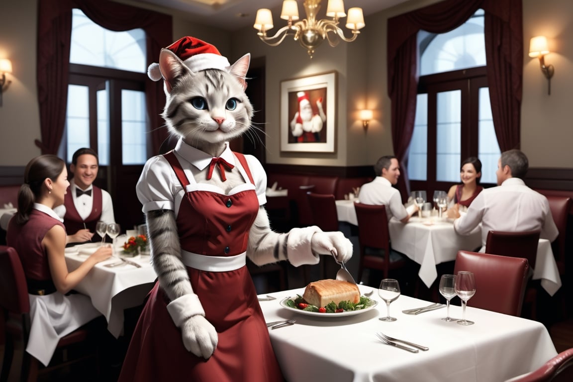 Generate an image featuring a cat transformed into a feminine form, serving as a waitress in an upscale restaurant bustling with patrons. The feline waitress, elegantly attired in a chic santa_dress(,smiling face and gracefully moves among well-appointed tables occupied by diverse groups of people.) She carries an impeccably arranged tray, poised to take orders or deliver culinary delights.

The restaurant exudes an air of sophistication, with dimmed lighting casting a warm glow on polished silverware and tastefully arranged centerpieces. Patrons seated at tables engage in lively conversations, enjoying fine dining in this refined establishment. The cat waitress seamlessly navigates through the dining area, adding a touch of charm and whimsy to the upscale ambiance.

Ensure the image captures various expressions from patrons, reflecting a mix of delight, surprise, and amusement at the presence of the feline waitress. The scene should convey a harmonious blend of the cat's feminine grace and the conviviality of a high-end dining experience. santa_dress, Christmas vibe,