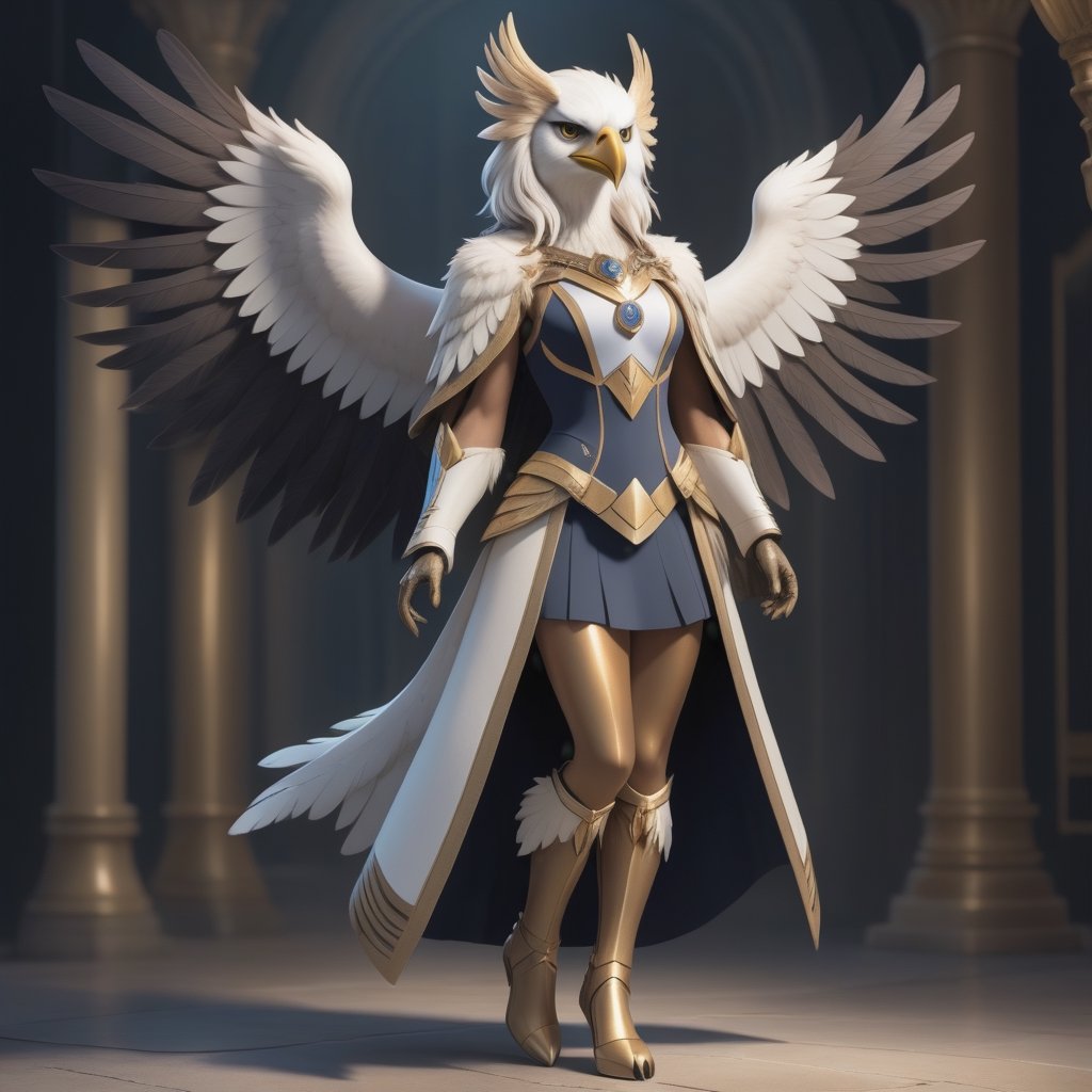 An imaginative depiction of an eagle transformed into a humanoid figure with distinct female characteristics. The character has an eagle's head with expressive eyes and a human-like form with a feminine silhouette. Her body features anthropomorphic details, including feathered legs that transition into a humanoid torso and human-like breasts. The character is dressed in elegant, stylish attire, exuding sophistication and grace. She has a playful yet confident expression. The background is cozy and inviting, with a touch of fantasy, including warm, soft lighting to convey comfort and enchantment.