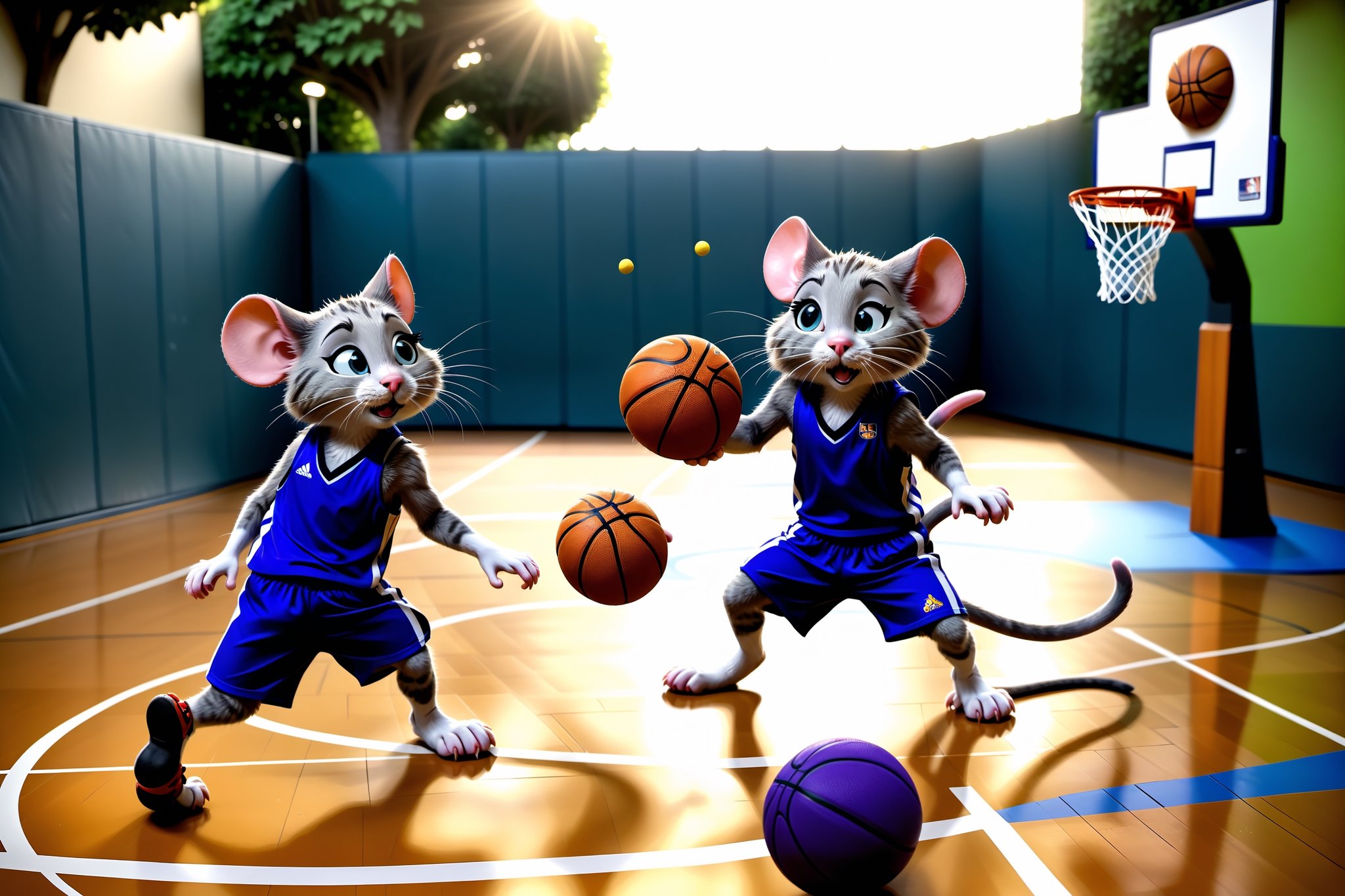 In this heartwarming and whimsical scene, a vibrant basketball court serves as the stage for an unexpected and delightful matchup between a team of cats and a team of mice. The court is adorned with colorful paw prints, mouse-themed decorations, and tiny basketballs scattered about.

The cat team, donned in miniature basketball jerseys and shorts, showcases their feline athleticism as they engage in skillful plays. With agile dribbles and coordinated passes, the cats demonstrate their prowess on the court, eyes focused on the hoop, ready for a friendly game.

On the opposing side, a team of mice, sporting their own adorable jerseys and shorts, scurry with remarkable speed and agility. Despite their size, the mice confidently handle the basketball, weaving through the cat defenders and attempting daring shots at the hoop. The dynamic between the two teams is both competitive and endearing.

Spectators, consisting of both cats and mice on the sidelines, watch the game with wide-eyed excitement. Tails twitch in anticipation, creating a lively and engaging atmosphere. Some cats sit on their haunches, while mice stand on their hind legs, creating a charming contrast as they cheer for their respective teams.

Sunlight bathes the scene in a warm glow, capturing the joy and unity of this unconventional and heartwarming sports event. The shared camaraderie and sportsmanship between cats and mice create a moment of pure delight, emphasizing the power of play to bring different species together in a spirit of fun and friendship. It's a charming snapshot that warms the hearts of all who witness this extraordinary feline-mouse basketball showdown.





