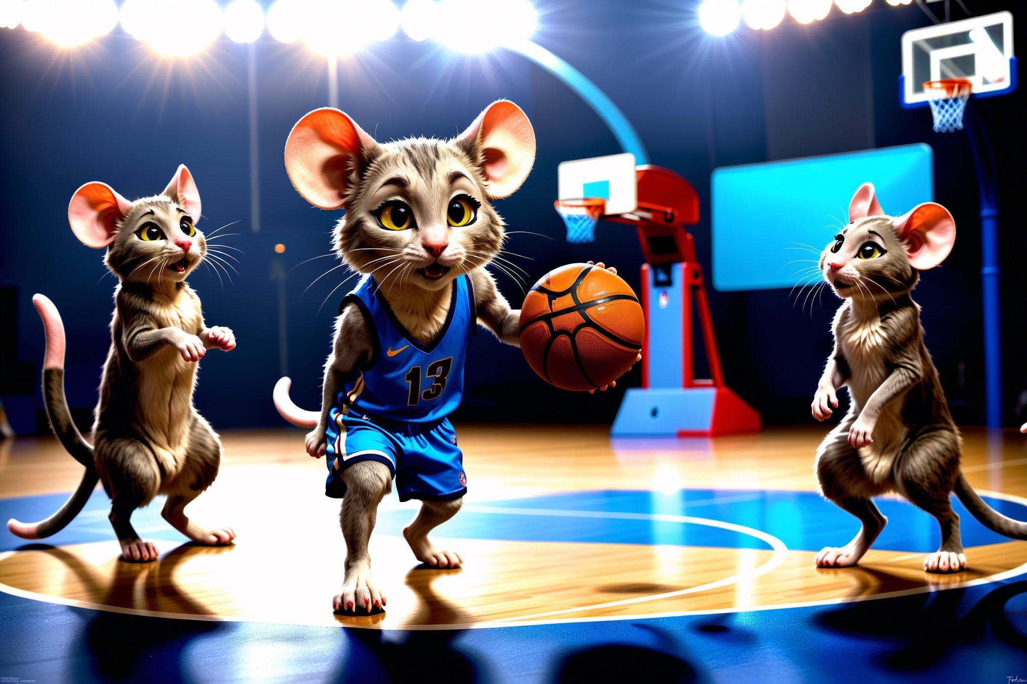 In this heartwarming and whimsical scene, a vibrant basketball court serves as the stage for an unexpected and delightful matchup between a team of cats and a team of mice. The court is adorned with colorful paw prints, mouse-themed decorations, and tiny basketballs scattered about.

The cat team, donned in miniature basketball jerseys and shorts, showcases their feline athleticism as they engage in skillful plays. With agile dribbles and coordinated passes, the cats demonstrate their prowess on the court, eyes focused on the hoop, ready for a friendly game.

On the opposing side, a team of mice, sporting their own adorable jerseys and shorts, scurry with remarkable speed and agility. Despite their size, the mice confidently handle the basketball, weaving through the cat defenders and attempting daring shots at the hoop. The dynamic between the two teams is both competitive and endearing.

Spectators, consisting of both cats and mice on the sidelines, watch the game with wide-eyed excitement. Tails twitch in anticipation, creating a lively and engaging atmosphere. Some cats sit on their haunches, while mice stand on their hind legs, creating a charming contrast as they cheer for their respective teams.

Sunlight bathes the scene in a warm glow, capturing the joy and unity of this unconventional and heartwarming sports event. The shared camaraderie and sportsmanship between cats and mice create a moment of pure delight, emphasizing the power of play to bring different species together in a spirit of fun and friendship. It's a charming snapshot that warms the hearts of all who witness this extraordinary feline-mouse basketball showdown.





