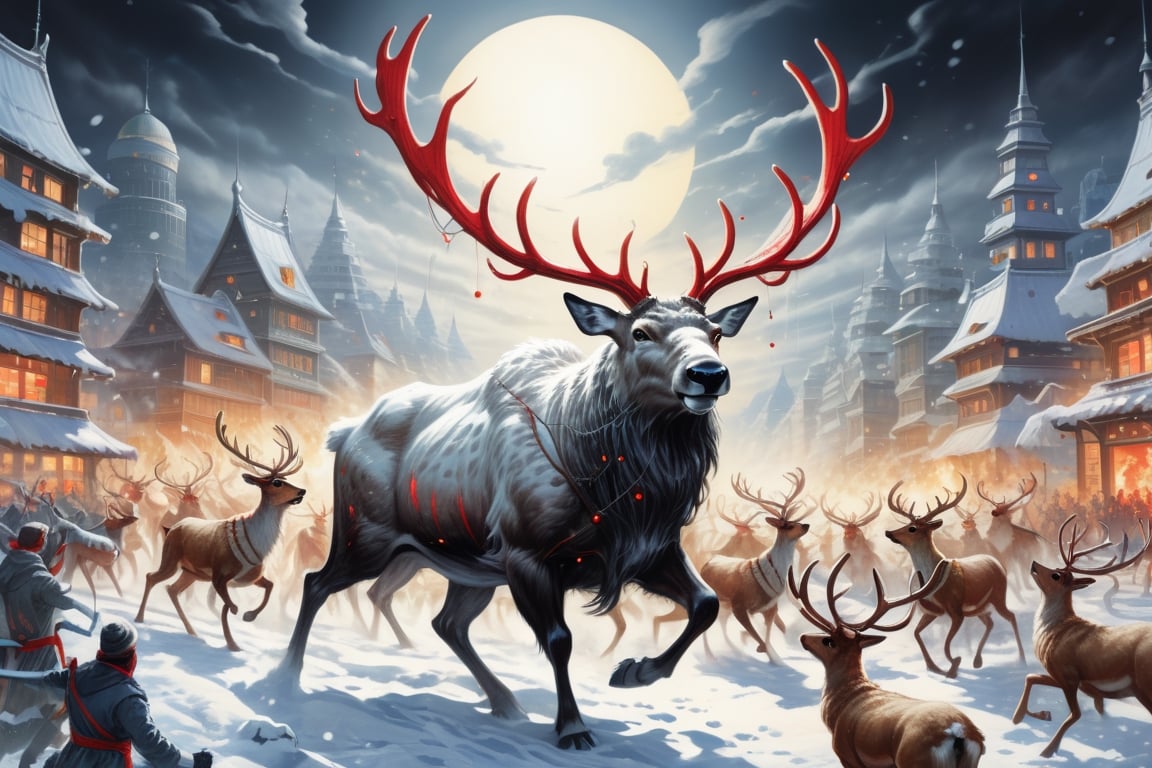 A giant reindeer with dark fur and sharp horns, with a red nose that emits a laser beam, surrounded by other mutant reindeer, attacking a city covered in snow on Christmas night, masterpiece, cool tone, art by Yoshitaka Amano, white background,more detail XL