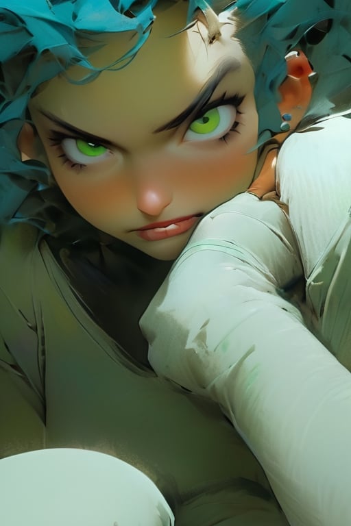 (Extreme close-up:1.5), ((Anime artwork. Portait of a girl with blue hair, thick lips. Impasto style, brushwork)), ginger demon girl, (bighorns-horns), white skin, (smokey eyes, white sclera), ((green-eyes)), messy long weavy hair, perfect curvy body, (full and huge breast:1.4), (dressing on a (black gloves):1.4), (high-heels:1.2), (kneeling on the luxury sheets:1.4), vintage dark fluffy bedroom background, backlighting

