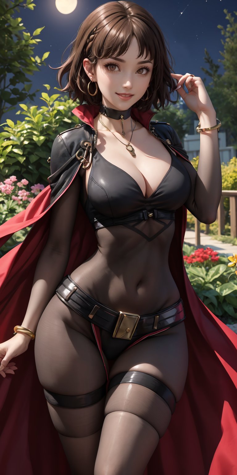 4K UHD, upscaled professional drawing, stunningly beautiful woman, eyebrows visible through hair,glistening_skin, masterpiece, finest quality art, thicc_thighs, hourglass_figure, choker, bracelets, solo_female, ear_rings, tall_girl, tall_female, necklace,female_solo,navel,jewelery,nighttime,garden,fantasy,flowers,bodystocking,cleavage cutout,cross-laced_clothing,belt,sexy,evil smile,outdoors,windy,(dynamic pose: 1.3),confident,short_hair,braided_hair,brown_hair,light_brown_eyes,facing_viewer,toned,darkmage, cleavage,niijimamakoto