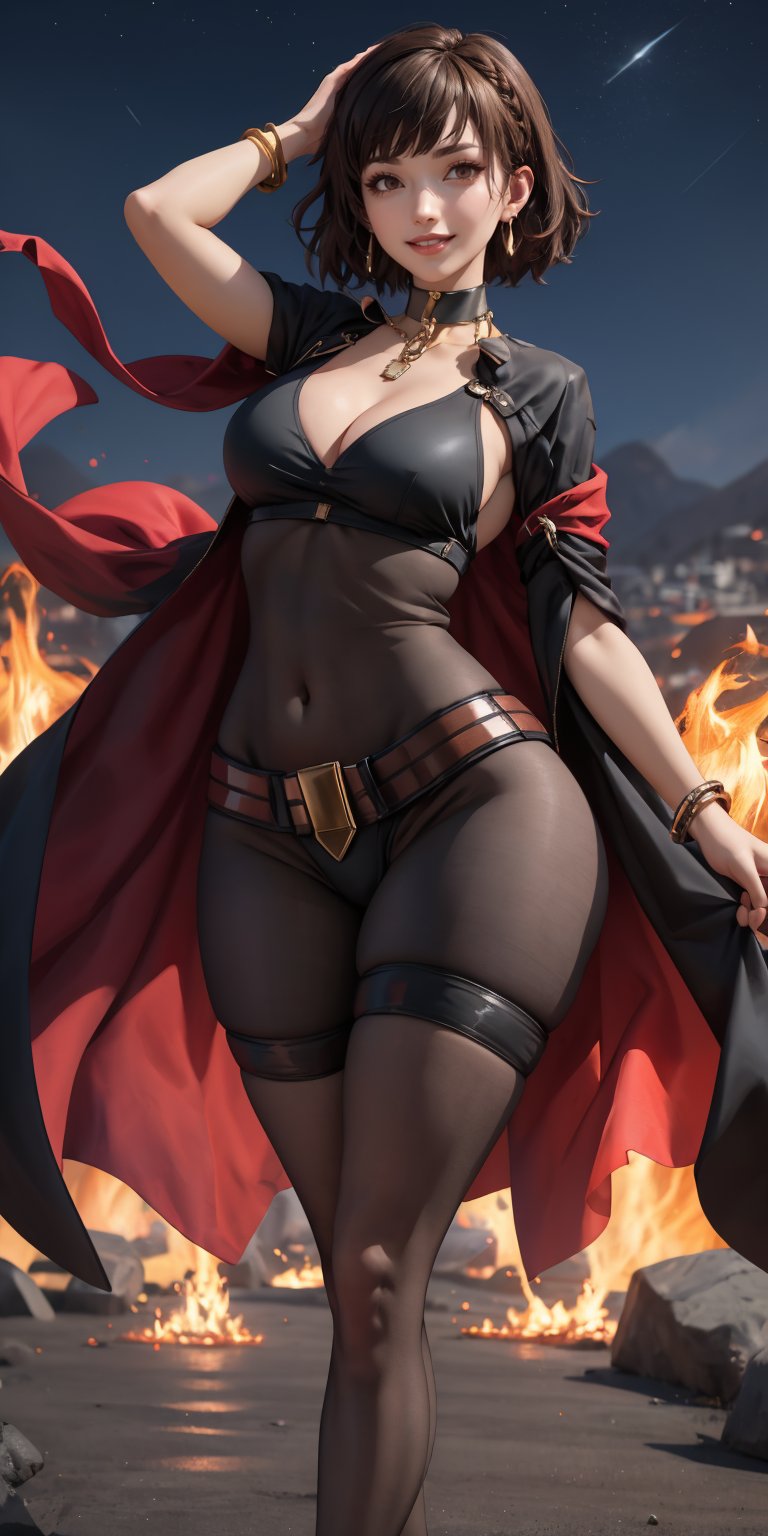 4K UHD, upscaled professional drawing, stunningly beautiful woman, eyebrows visible through hair,glistening_skin, masterpiece, finest quality art, thicc_thighs, hourglass_figure, choker, bracelets, solo_female, ear_rings, tall_girl, tall_female, necklace,female_solo,navel,jewelery,nighttime,flames,bodystocking,cleavage cutout,cross-laced_clothing,belt,sexy,evil smile,outdoors,windy,(dynamic pose: 1.3),confident,short_hair,braided_hair,brown_hair,light_brown_eyes,facing_viewer,toned,darkmage, cleavage,niijimamakoto,big_breasts