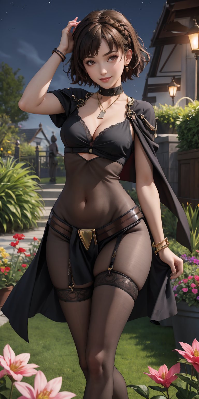 4K UHD, upscaled professional drawing, stunningly beautiful woman, eyebrows visible through hair,glistening_skin, masterpiece, finest quality art, thicc_thighs, hourglass_figure, choker, bracelets, solo_female, ear_rings, tall_girl, tall_female, necklace,female_solo,navel,jewelery,nighttime,garden,fantasy,flowers,bodystocking,cleavage cutout,cross-laced_clothing,belt,sexy,evil smile,outdoors,windy,(dynamic pose: 1.3),confident,short_hair,braided_hair,brown_hair,light_brown_eyes,facing_viewer,toned,darkmage, cleavage,niijimamakoto