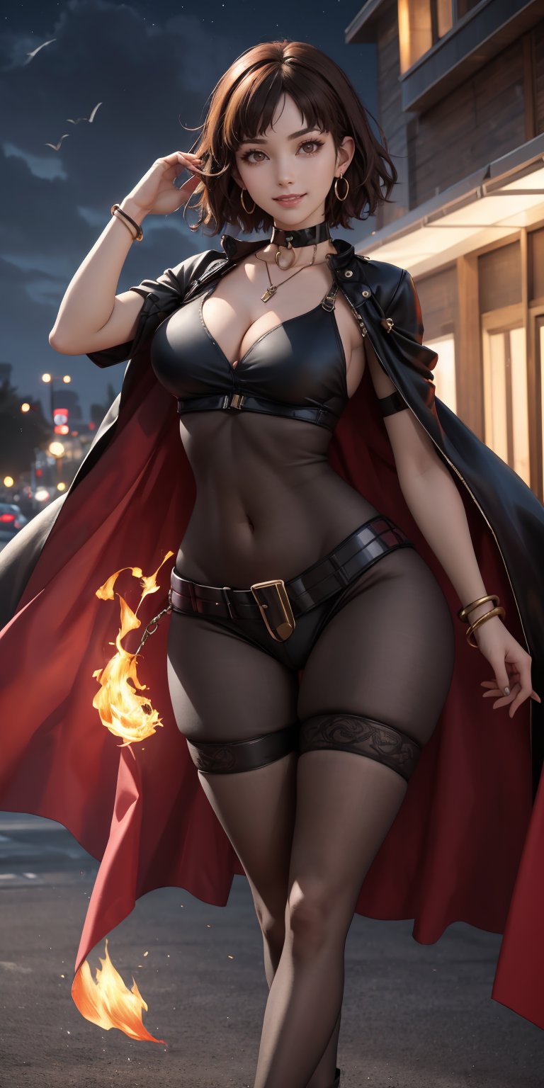 4K UHD, upscaled professional drawing, stunningly beautiful woman, eyebrows visible through hair,glistening_skin, masterpiece, finest quality art, thicc_thighs, hourglass_figure, choker, bracelets, solo_female, ear_rings, tall_girl, tall_female, necklace,female_solo,navel,jewelery,nighttime,flames,bodystocking,cleavage cutout,cross-laced_clothing,belt,sexy,evil smile,outdoors,windy,(dynamic pose: 1.3),confident,short_hair,braided_hair,brown_hair,light_brown_eyes,facing_viewer,toned,darkmage, cleavage,niijimamakoto,big_breasts