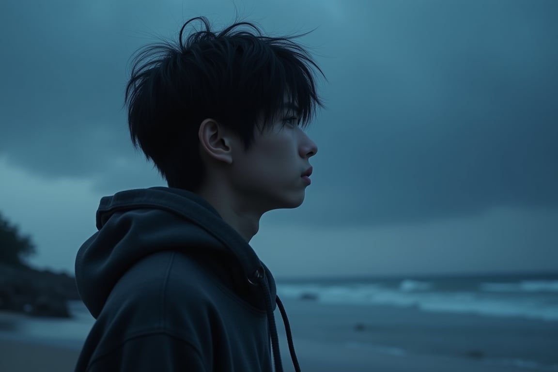 HD, photorealistic image of  a japanese 18 year old young man. His skin is natural-looking, and his body is skinny with defined muscles, his hair is abundant and sweeping with the wind. He is wearing a hoodie , he's looking at the sky sad and crying, it's the nighttime in a lonely rainy beach,  highly detailed, exceptional realism, hyper realistic