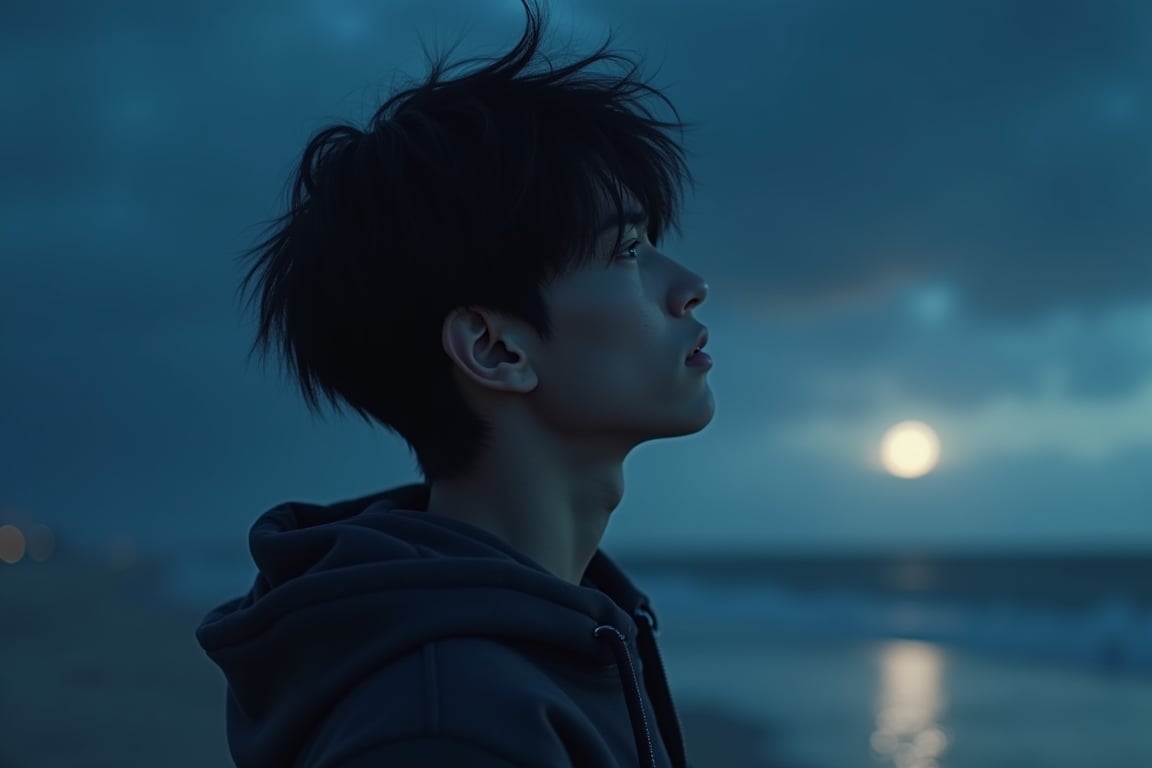 HD, photorealistic image of  a japanese 18 year old young man. His skin is natural-looking, and his body is skinny with defined muscles, his hair is abundant and sweeping with the wind. He is wearing a hoodie , he's looking at the sky crying, it's the nighttime in a lonely beach