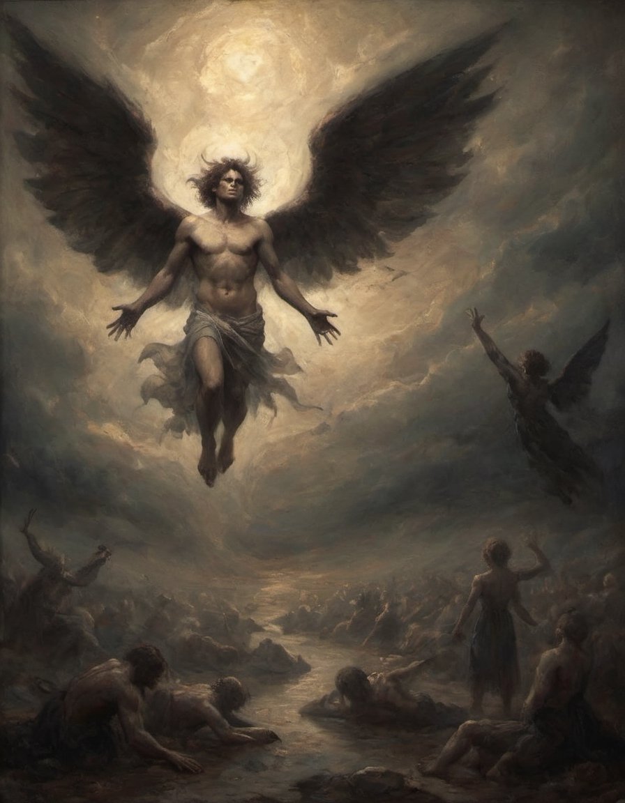 "Generate a visual representation of fallen angels turning into demons in literature, emphasizing the fascinating transformation. Create an atmospheric scene that captures the essence of their journey, blending the heavenly and the otherworldly in an engaging way."