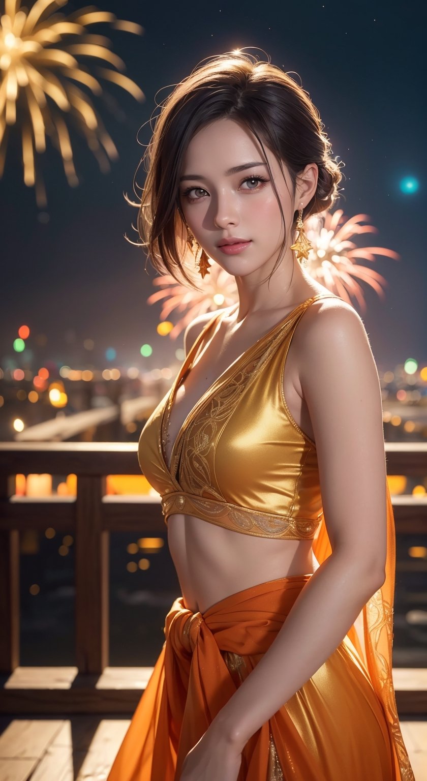 ultra realistic illustration,  Siena natural ratio,  (ultra high quality:1.2),  (realistic:1.3,  best quality),  ultra sharp focus,  8K,  HDR10,  vibrant colors:1.2, ISO 1000, golden tone around her to make her presence breathtaking, volumetric lightning, looking at the viewer,  cowboy shot above the waist,  by Ben11,(1girl:1.3),  20yo, alluring neighbour's wife,  beautiful [spanish: canadian: 0.4] beauty,  (detailed eyes:1.2,  beautiful face),  smiling, 
 beautiful girl, ((Fireworks display seen from space)),(Lots of 10-shakudama fireworks fill the sky:1.53),Fireworks display beyond imagination,innocent smiles,Girl in the sky,Never seen,Seven colors,(intricate details,  masterpiece,  best quality:1.4),  (orange theme:0.7),  octane render,  unreal engine 5,  35mm RAW photo,  elegant,  pleasant atmosphere,  RTX on,  award winning,  trending on artstation,afterglow (bang dream!), anime style