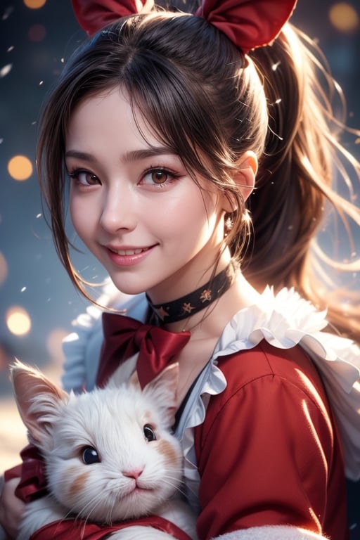 Portrait,  ultra realistic illustration,  unreal_engine:1, 16K,  sharp focus,  octane render,  cinematic lighting,  1girl,  waifu,  long black thick ponytail, brown eyes,  wearing warm clothes,  smiling happily,  so cute and sweet,Christmas,Christmas,stuffed bunny,alice (alice in wonderland) (cosplay),cat,falling_snow