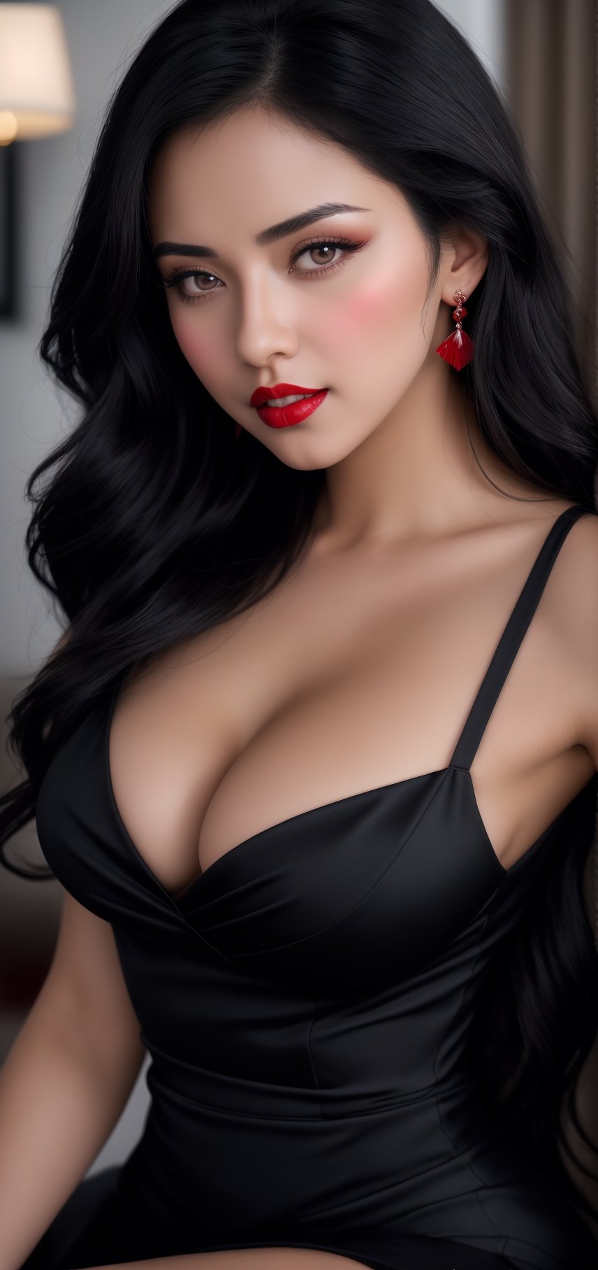 A sexy seductive girl wearing [black: red:0.5]  beautiful dress,Siena natural ratio,she has long black hair,juicy lips, attractive eyes, medium boobs, sexy legs, seducing the viewer,kiss expression, sexiest woman,cinematic shot,uhd,16K